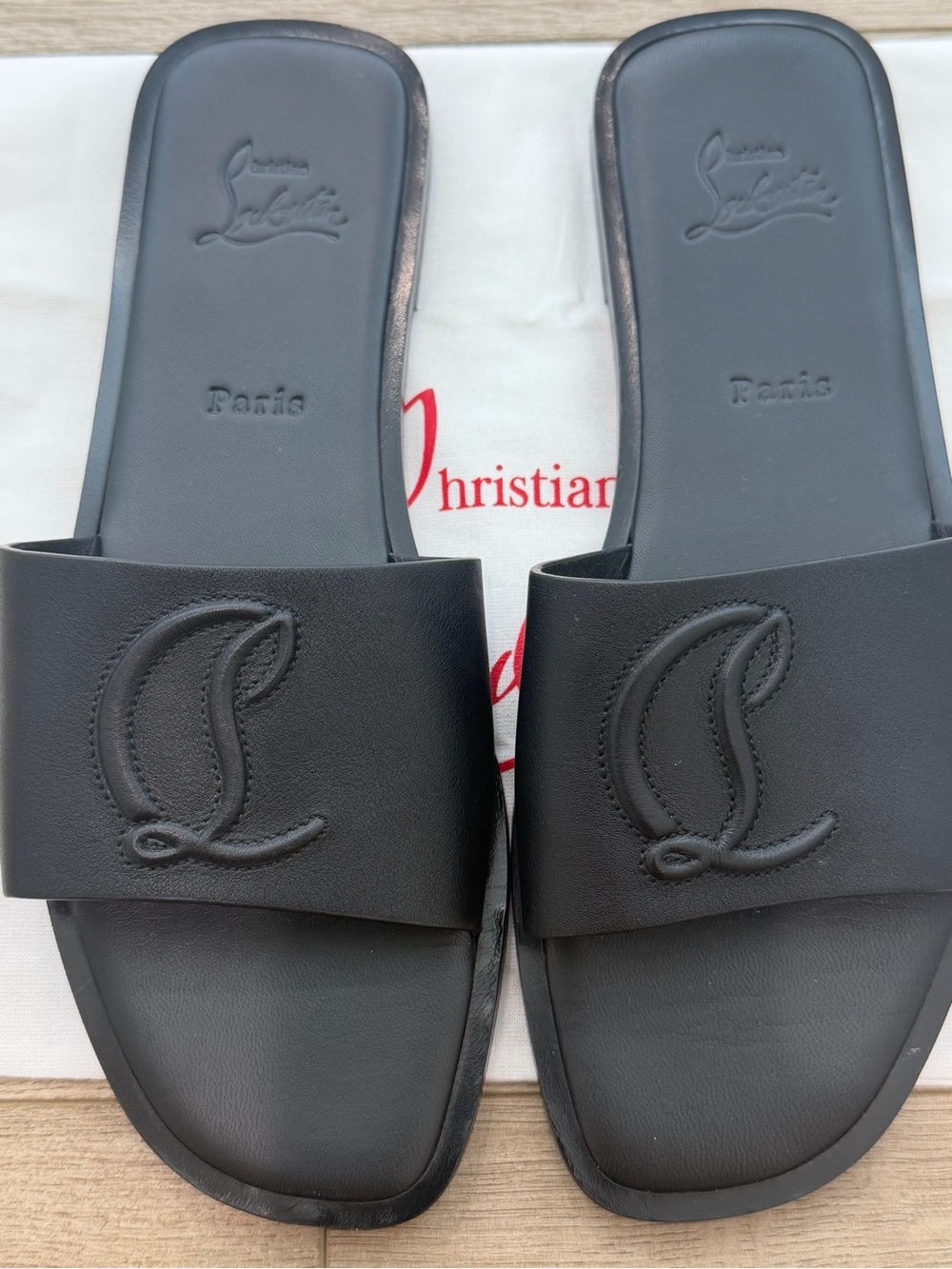 Christian Louboutin Black Embossed Logo Slide Sandals